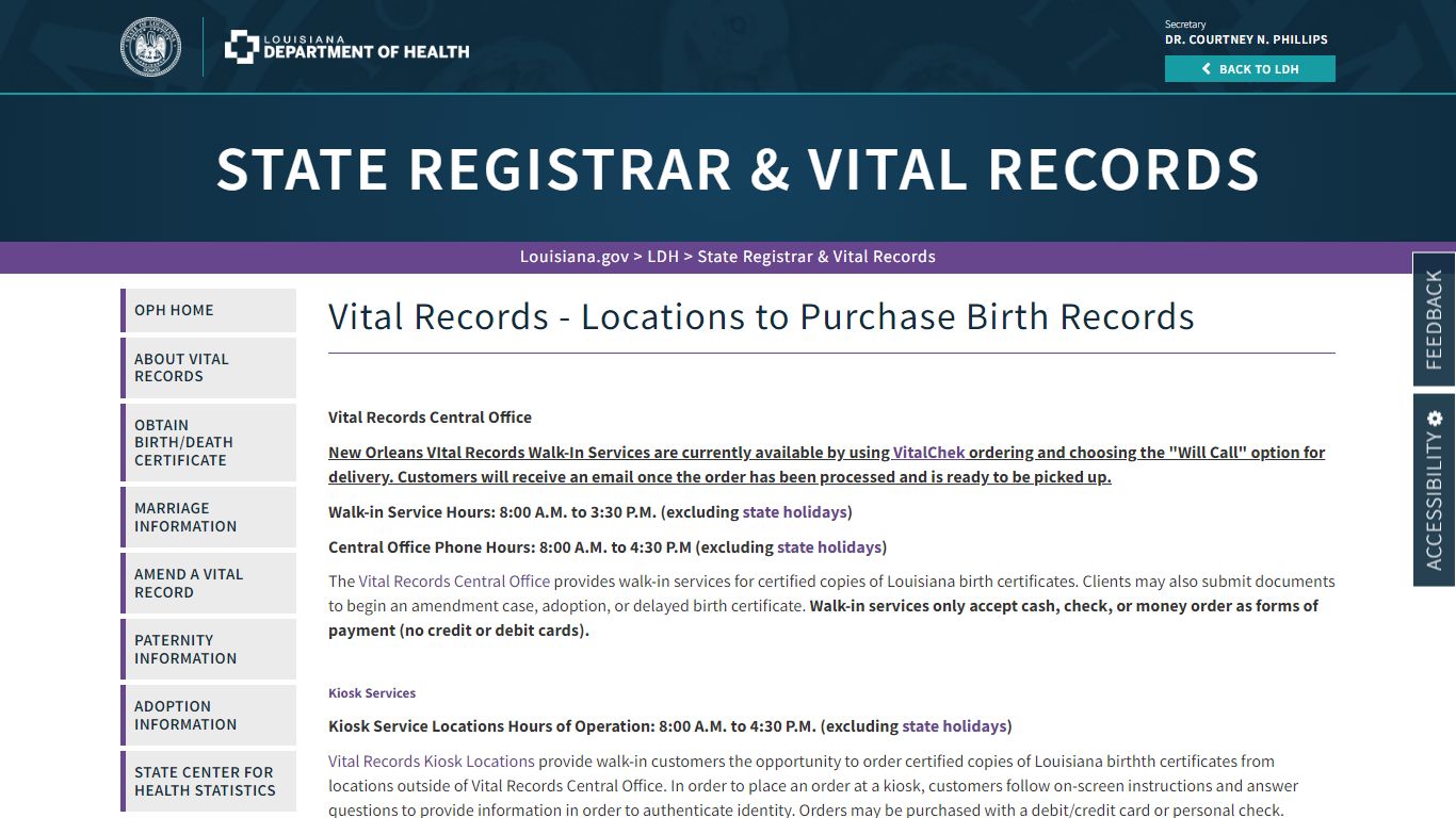 Vital Records Service Locations - Birth Records | La Dept. of Health
