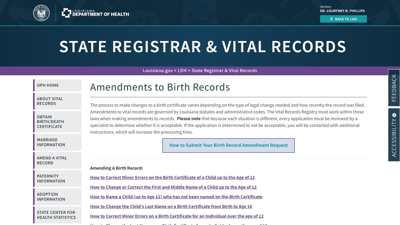 Amendments to Birth Records | La Dept. of Health